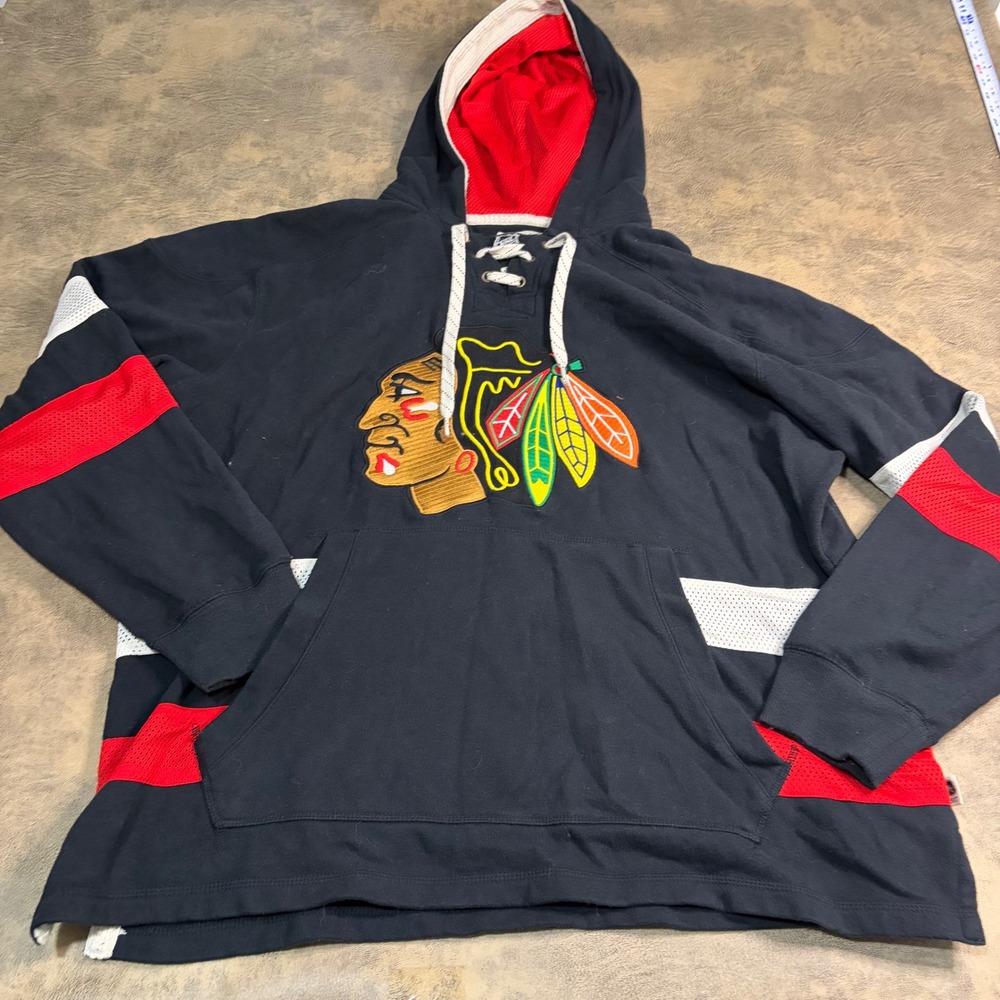 CCM Chicago Blackhawks Hoodie Mens XL Black Lace Up NHL Pullover 703FA 17